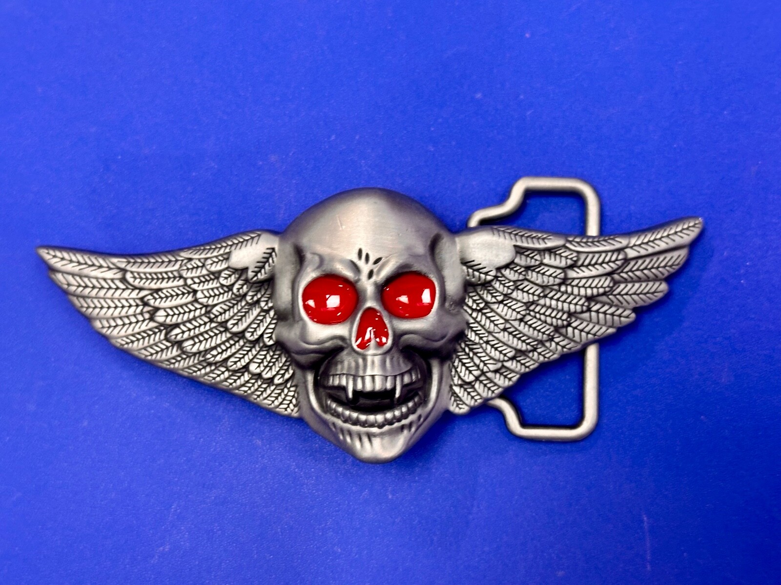 Skull With Fangs And Bright Red Eyes Cutout Large Wide Belt Buckle
