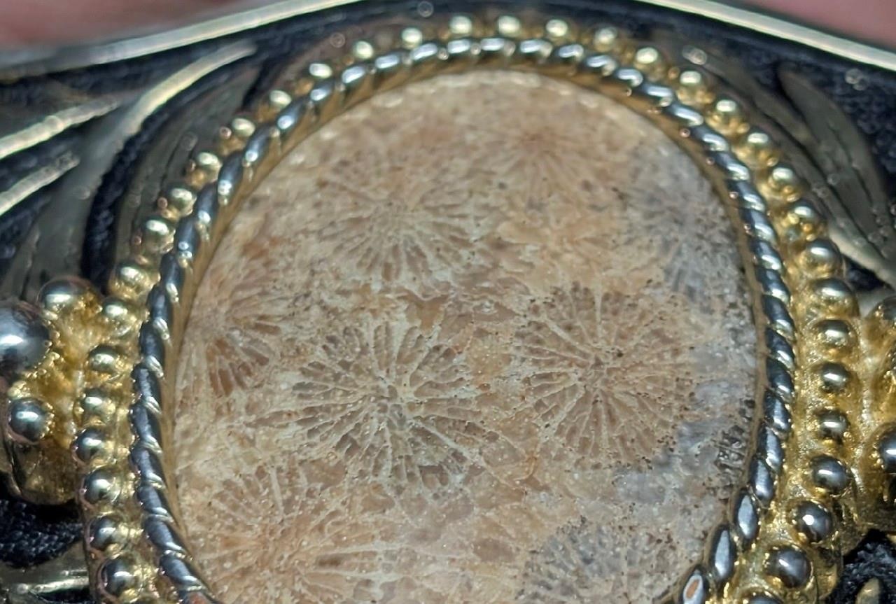 vintage STONE belt buckle FOSSIL cobochon HAND POLISHED coral WESTERN cowboy