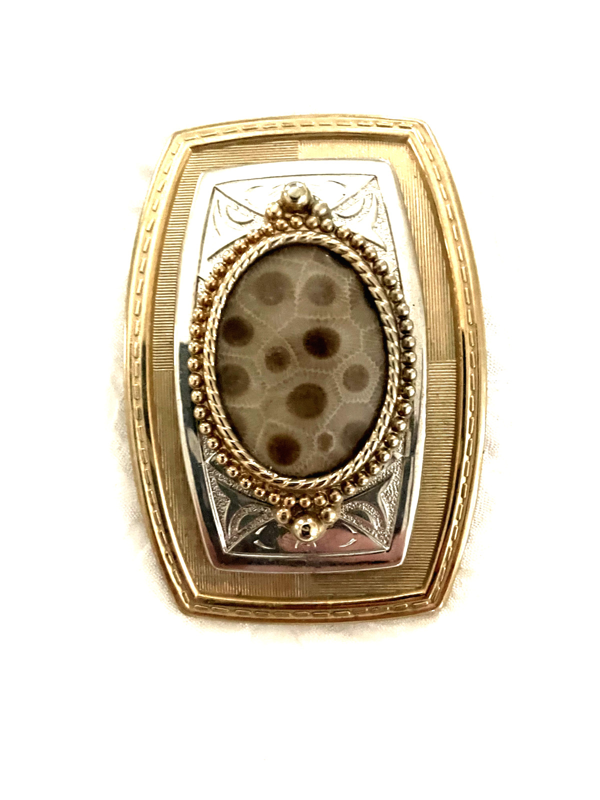 Petosky stone belt buckle for men silver plated with a layer of genuine 24-karat