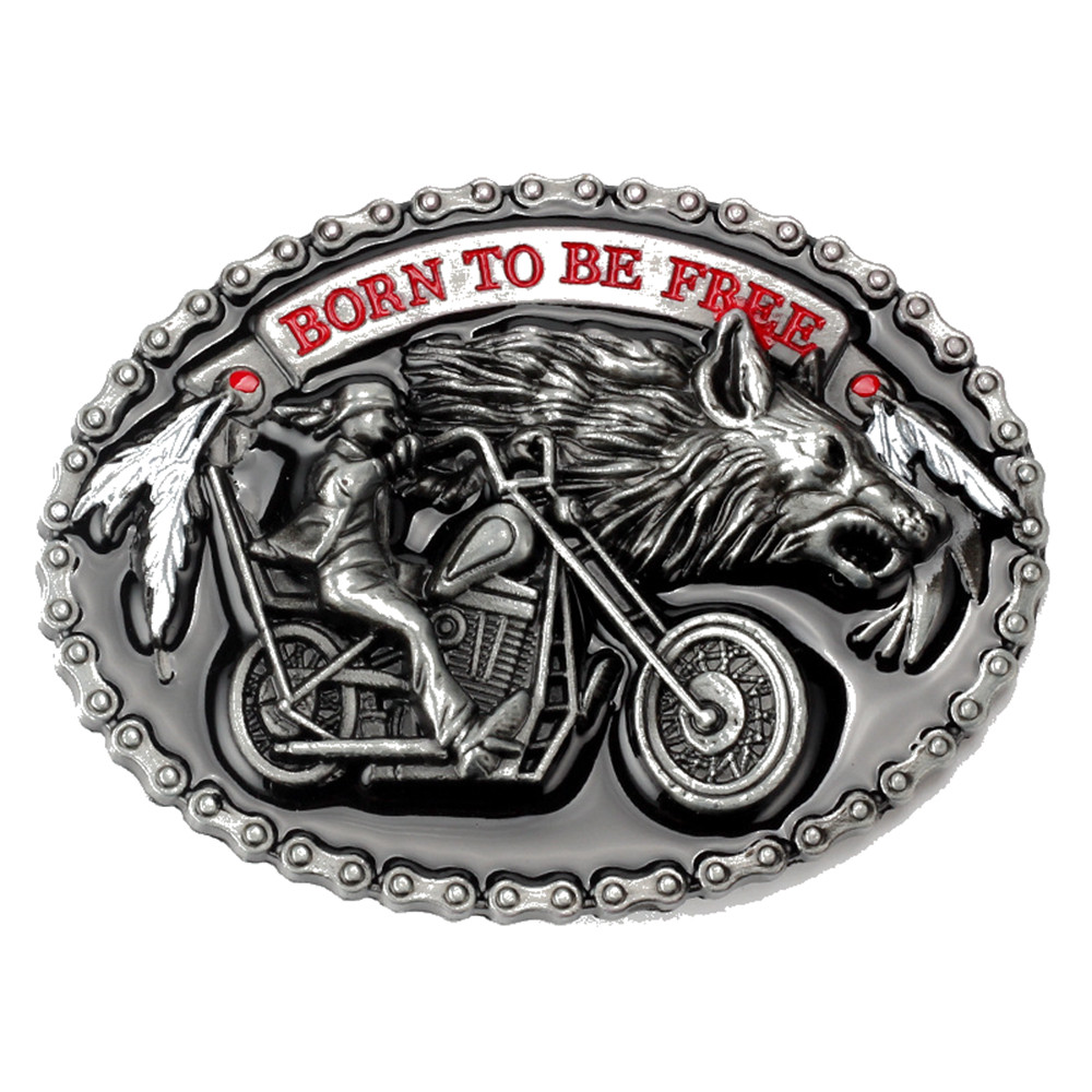 Motorcycle and Wolf Belt Buckle Western Cowboy Motorcyclist (MTWF-01)