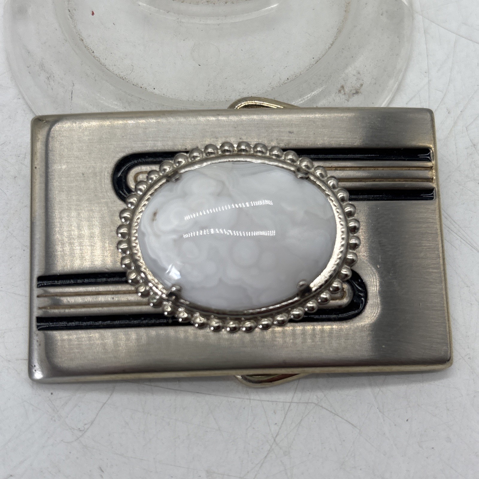 Vintage Agate Stone Belt Buckle Men&rsquo;s Silver Gold Tone Black Enamel 2.5 x 1.75 « 