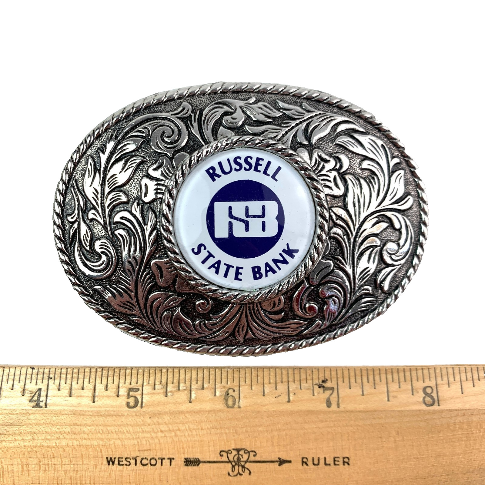 Vintage Russel Kansas State Bank Ornate 3D Metal Belt Buckle New
