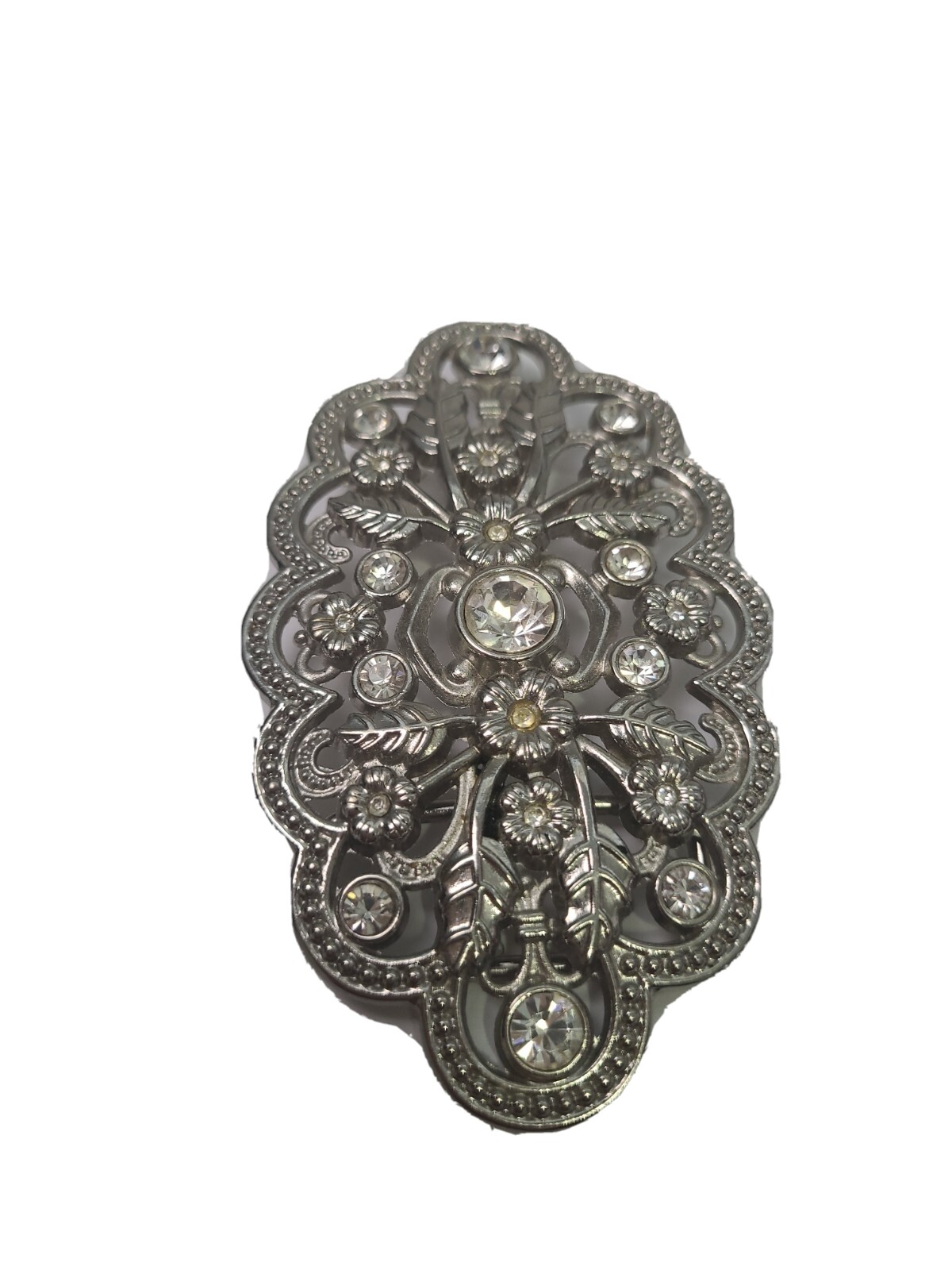BELT BUCKLE WOMENS SILVER EMBELLISHED STONES FLOWERS AND LEAFS BELT BUCKLE EUC