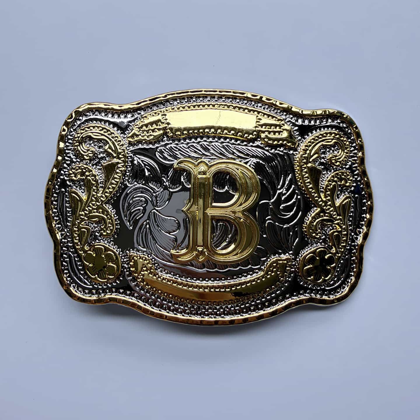 Bright Silver With Gold Initial Letter A-Z Cowboy Cowgirl Rectangle Belt Buckle