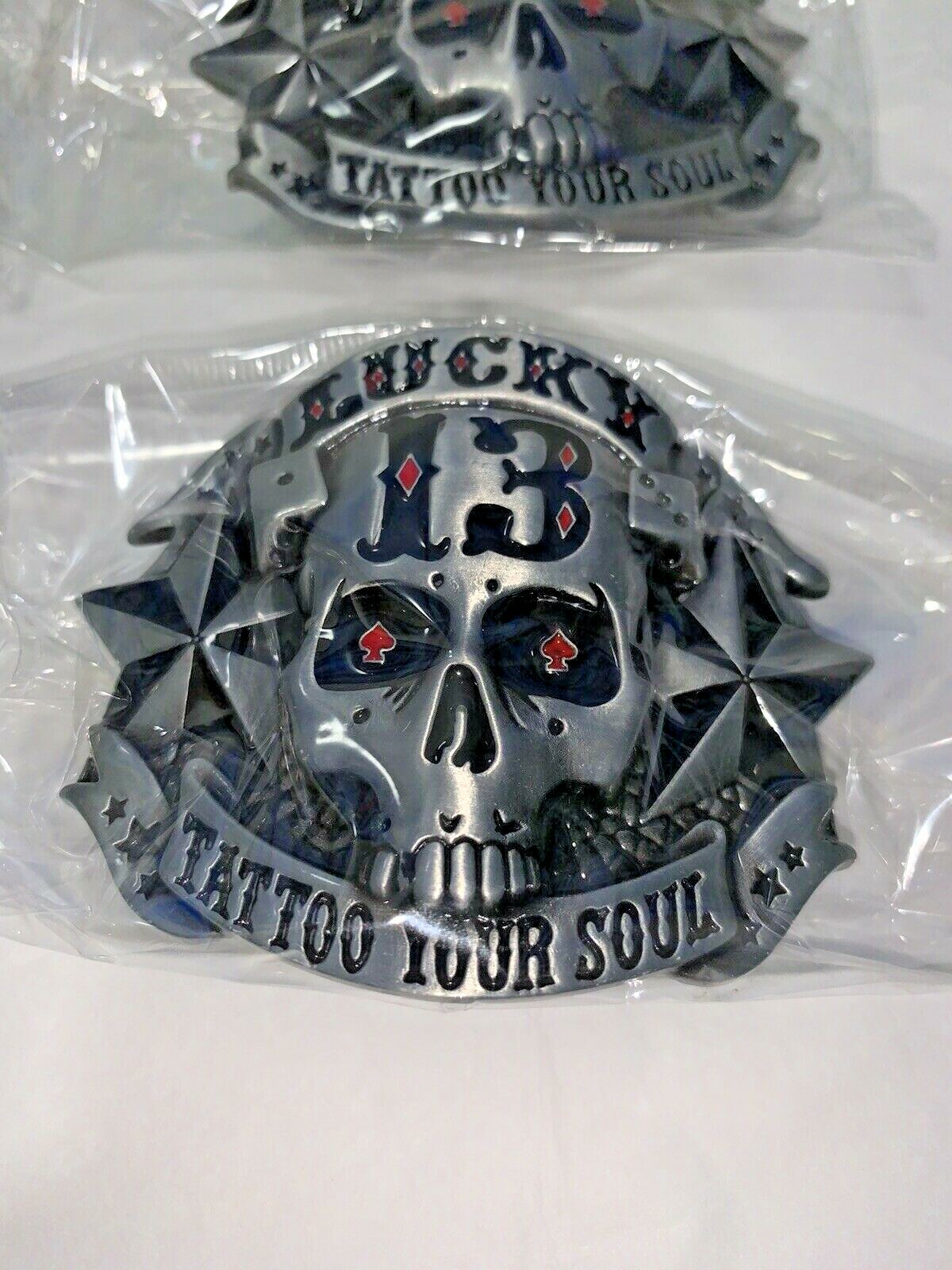 Lucky 13 Tattoo Your Soul Reproduction Skeleton Skull Head Belt Buckle Lot of 5
