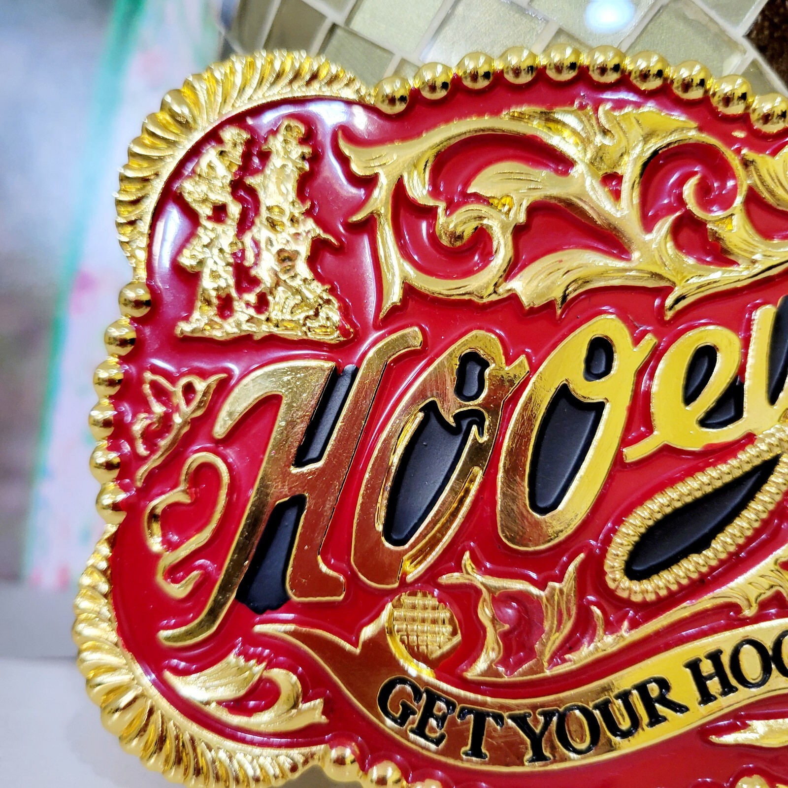 Western belt buckle 3.5 X 4 inches gold red for 2&Prime; belt zinc alloy bling