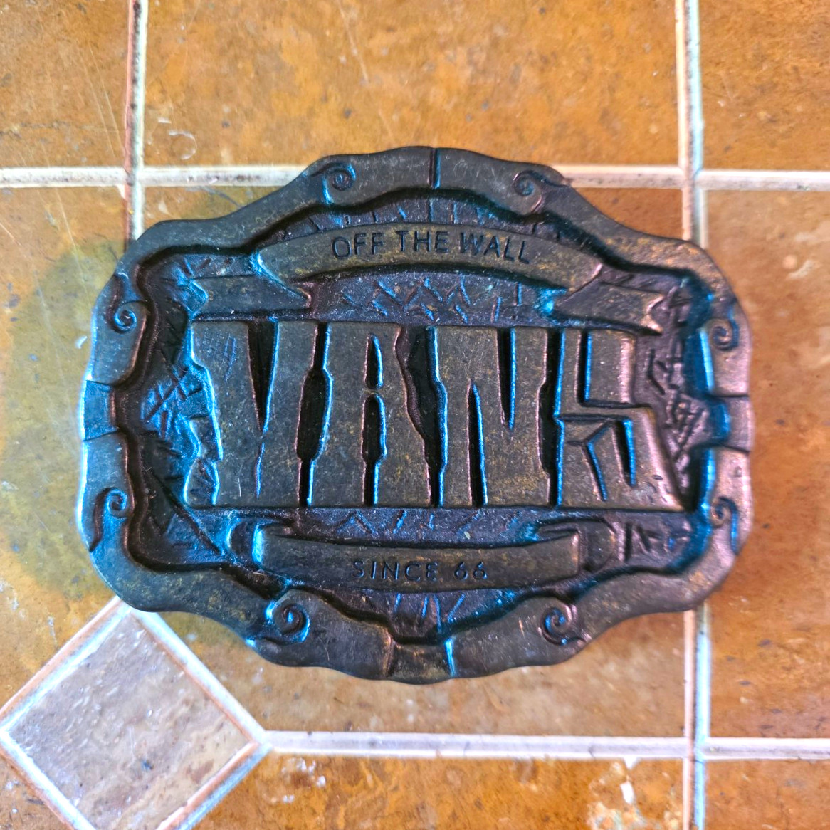 Vintage Vans Off The Wall Logo Belt Buckle Black Metal Western Antique Finish