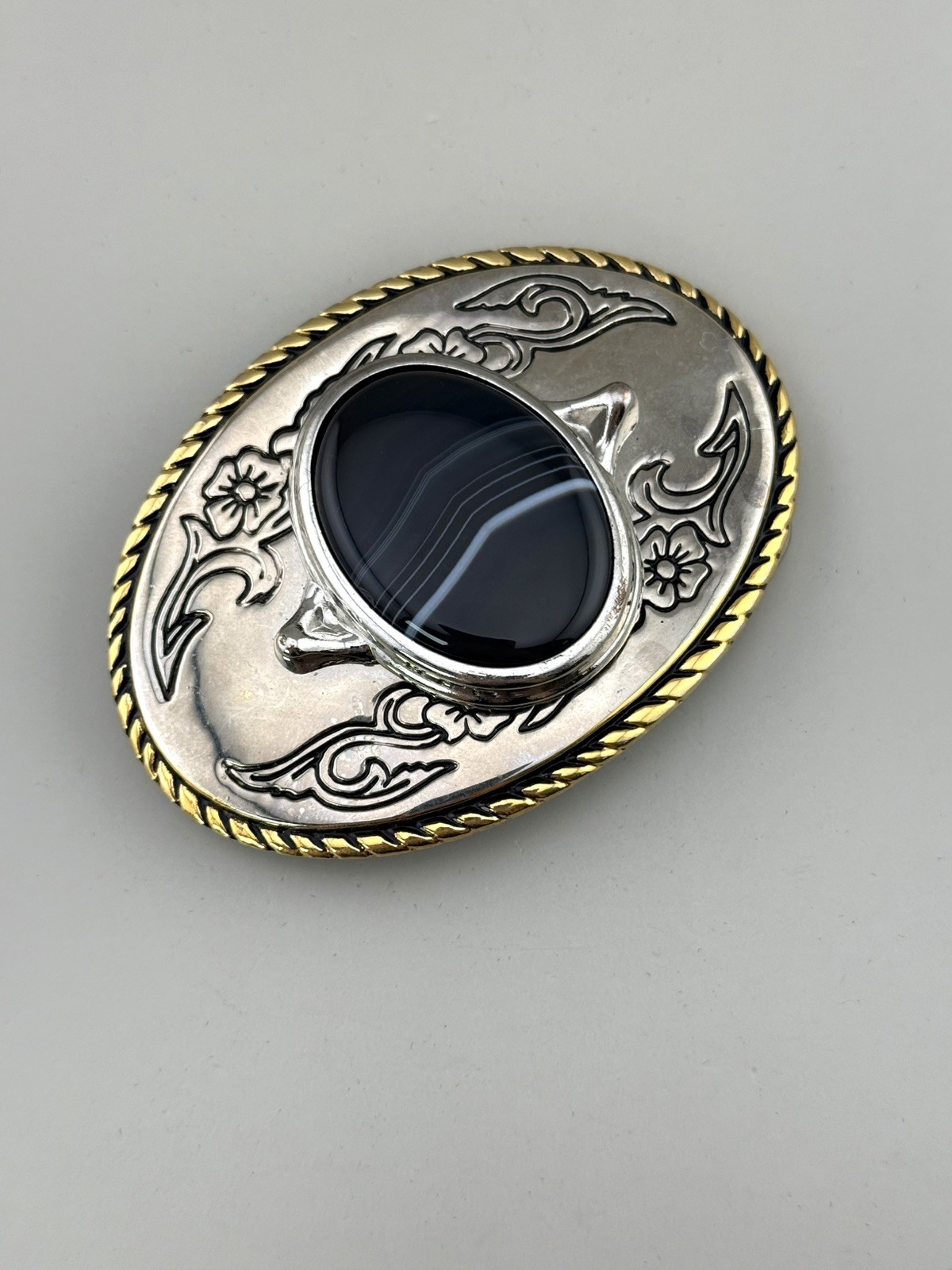 Black Banded Agate Western Belt Buckle Gold Rope Trim Floral Scroll