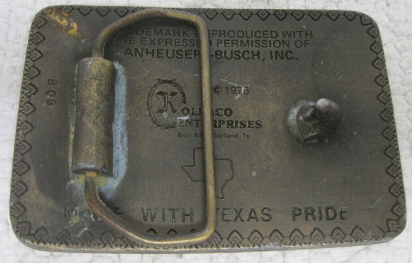 1976 Koleaco Michelob Beer Anheuser Busch Inc Brass Green Lacquer Belt Buckle