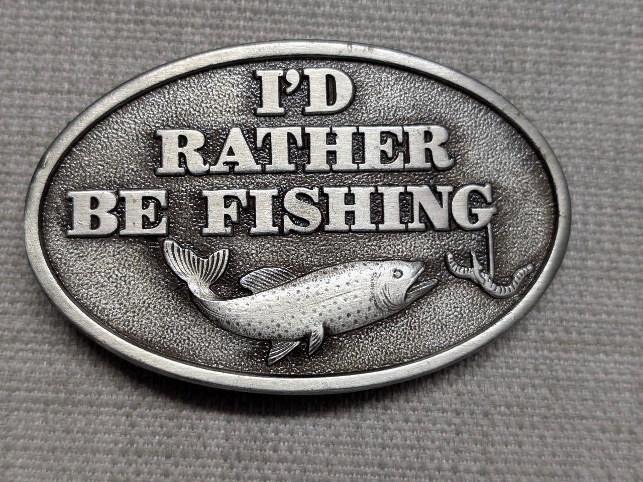 vintage USA made FISHING belt buckle 1970s brass TROUT sky patrol CAPT HAWKS