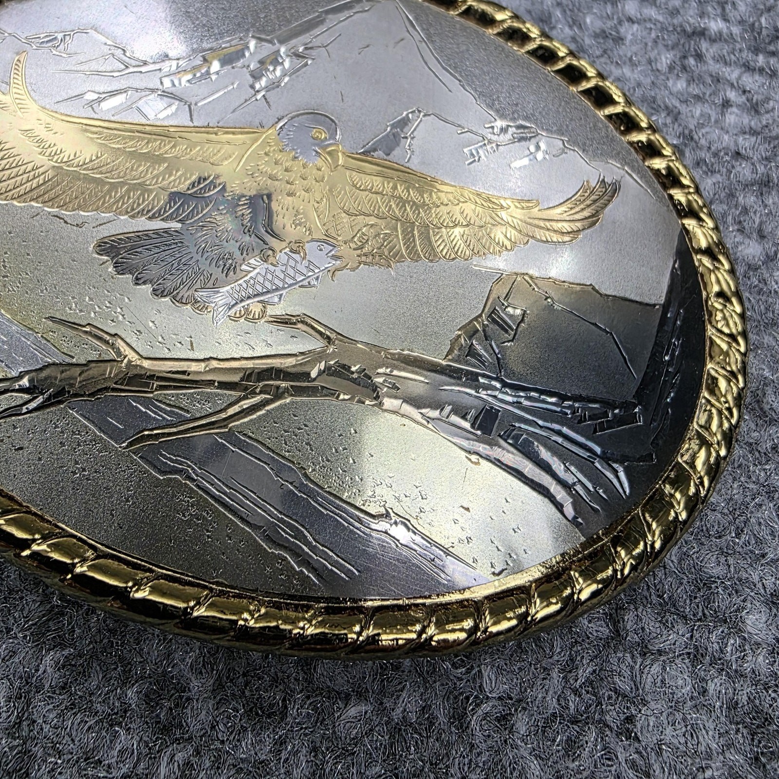 Bald Eagle Mountain Scene Belt Buckle Made in USA Western Gold Trim Wildlife VTG