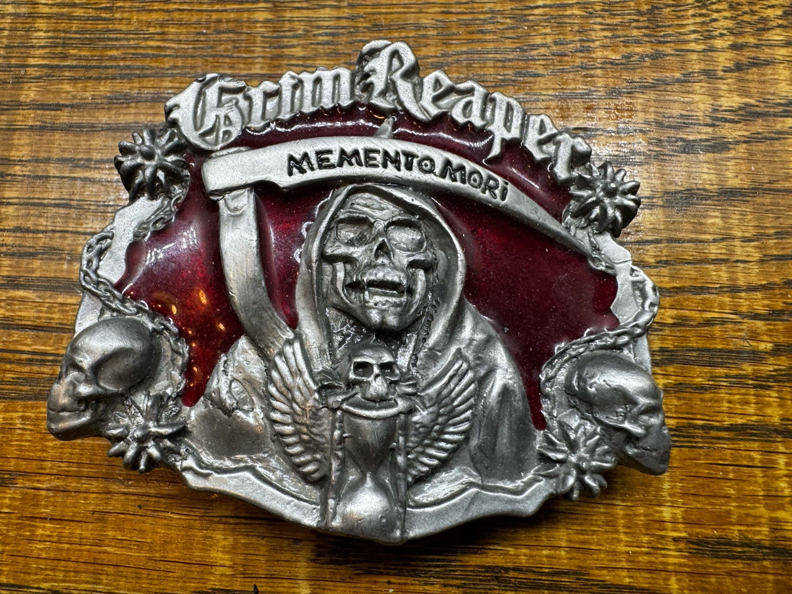 2-Biker Belt Buckles, Grim Reaper Memento Mori Death And American Steel