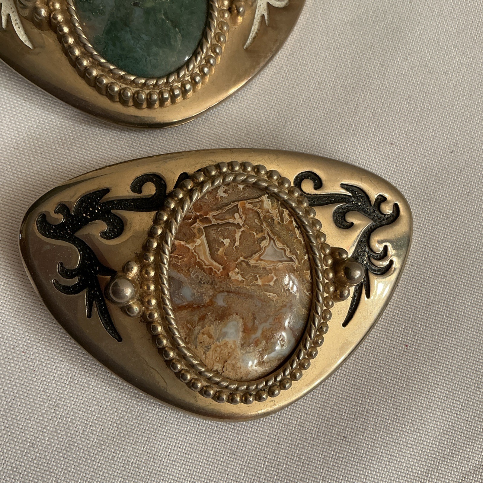 Lot of 2 Blue-Gray & Tan Stones Belt Buckles Silver