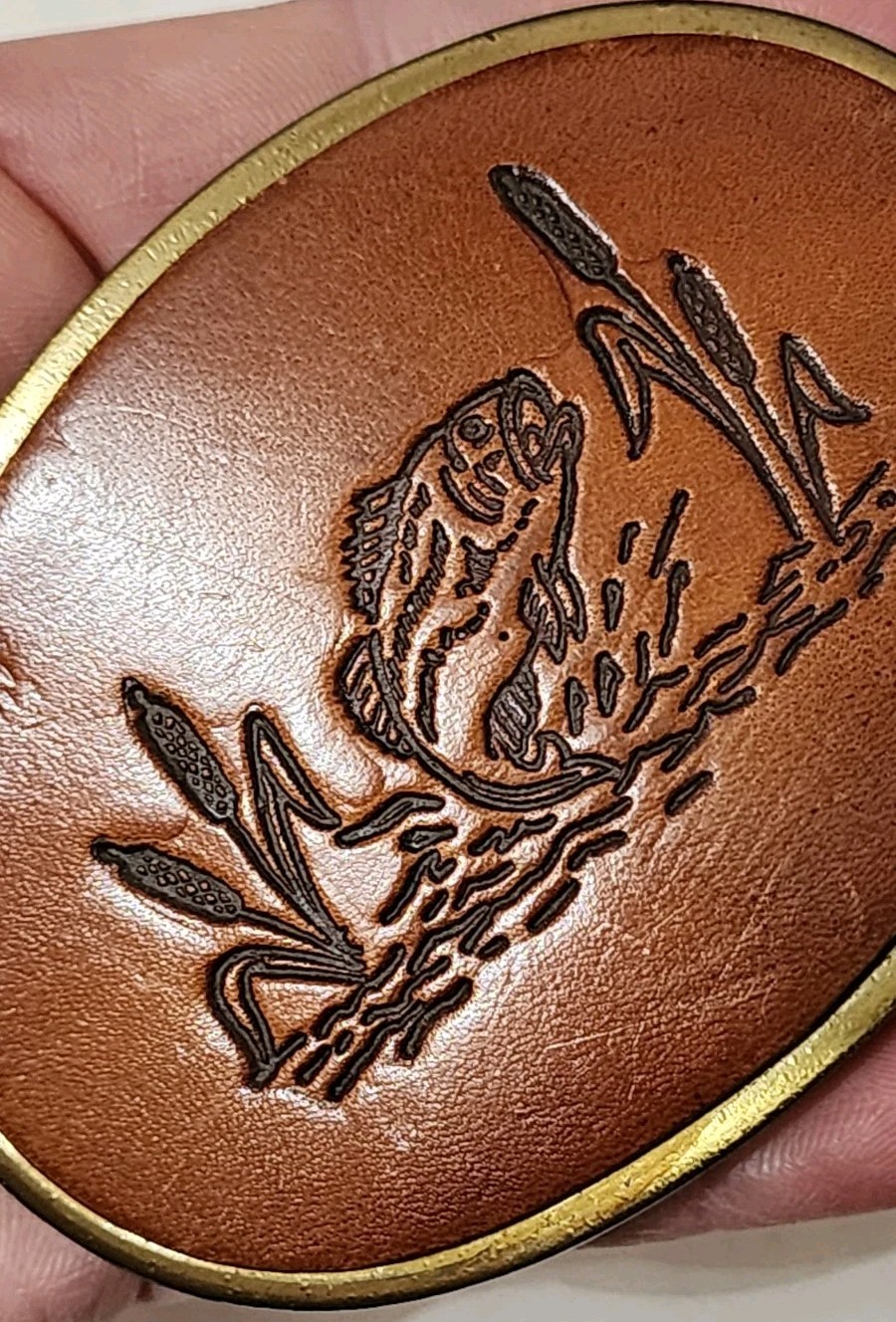 Vintage 70s Fishing Belt Buckle Brass Fish Scene Made USA Western Resin Inlay