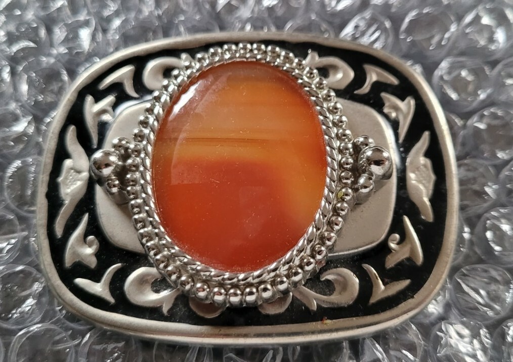ORANGE POLISHED STONE WESTERN BLACK & SILVER TONED BELT BUCKLE
