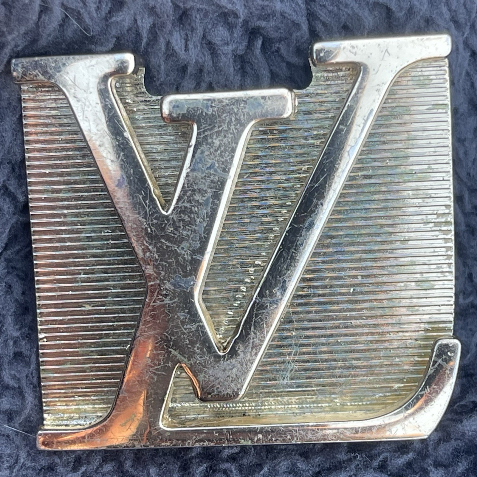 Vtg Louis Vuitton Gold Tone Belt Buckle Iconic LV Engraved Logo Y2K Distressed