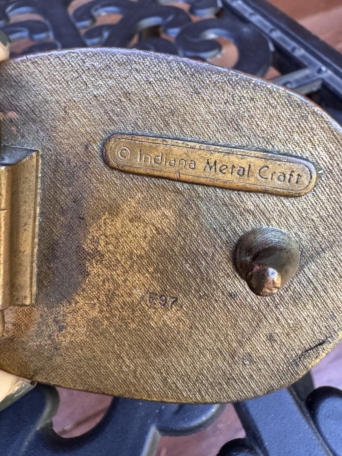 VTG SOLID BRASS INDIANA METAL CRAFT BELT BUCKLE With Tooled Belt Deer Hunters 34