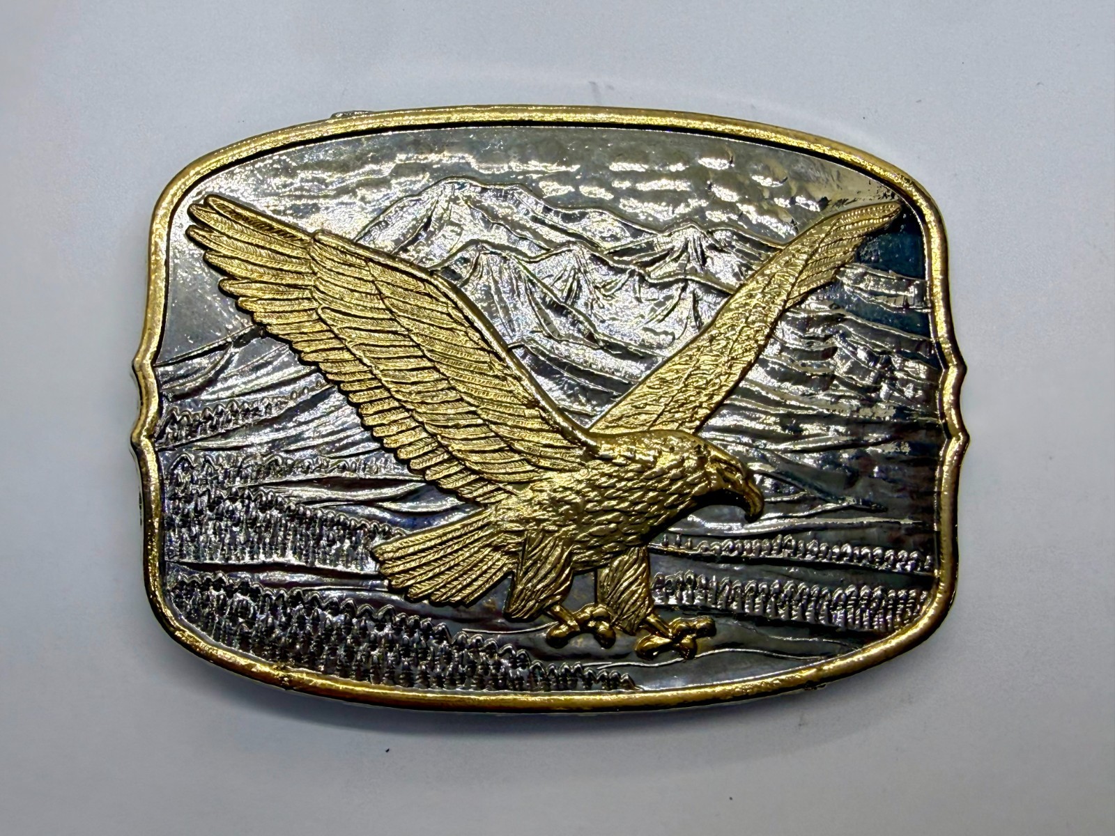 Flying Eagle Spreading Wings over the Mountain Scene Vintage Belt Buckle