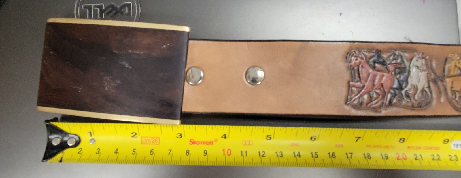 Sky West Brass Wood Inlay Buckle n Stamped Leather Belt