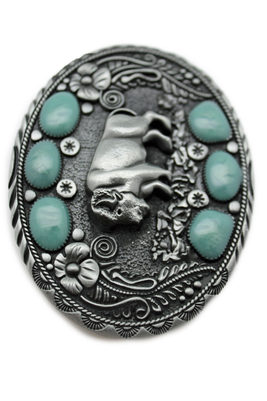Men Western Belt Buckle Dark Silver Metal Cowboy Bison Buffalo Ox Oval Shape