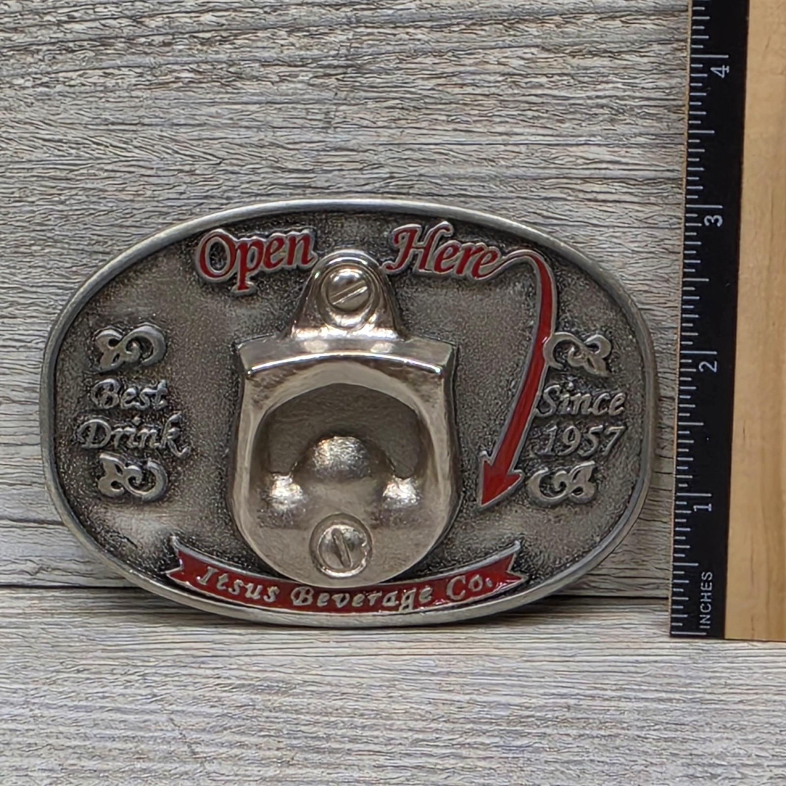 Jesus Beverage Co Belt Buckle Mens Silver Western Bottle Opener Logo Novelty