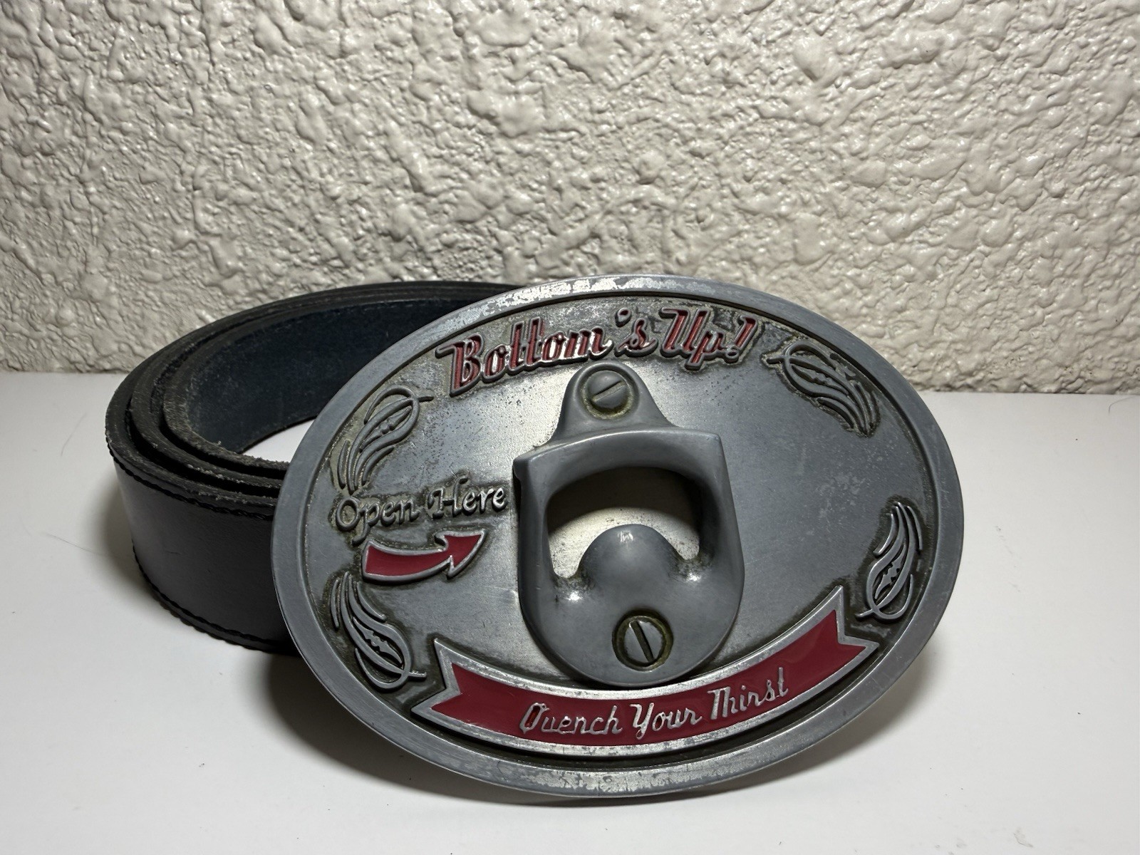 VTG Bottoms Up! Quench Your Thirst Open Here Belt Buckle Bottle Opener 48” Belt