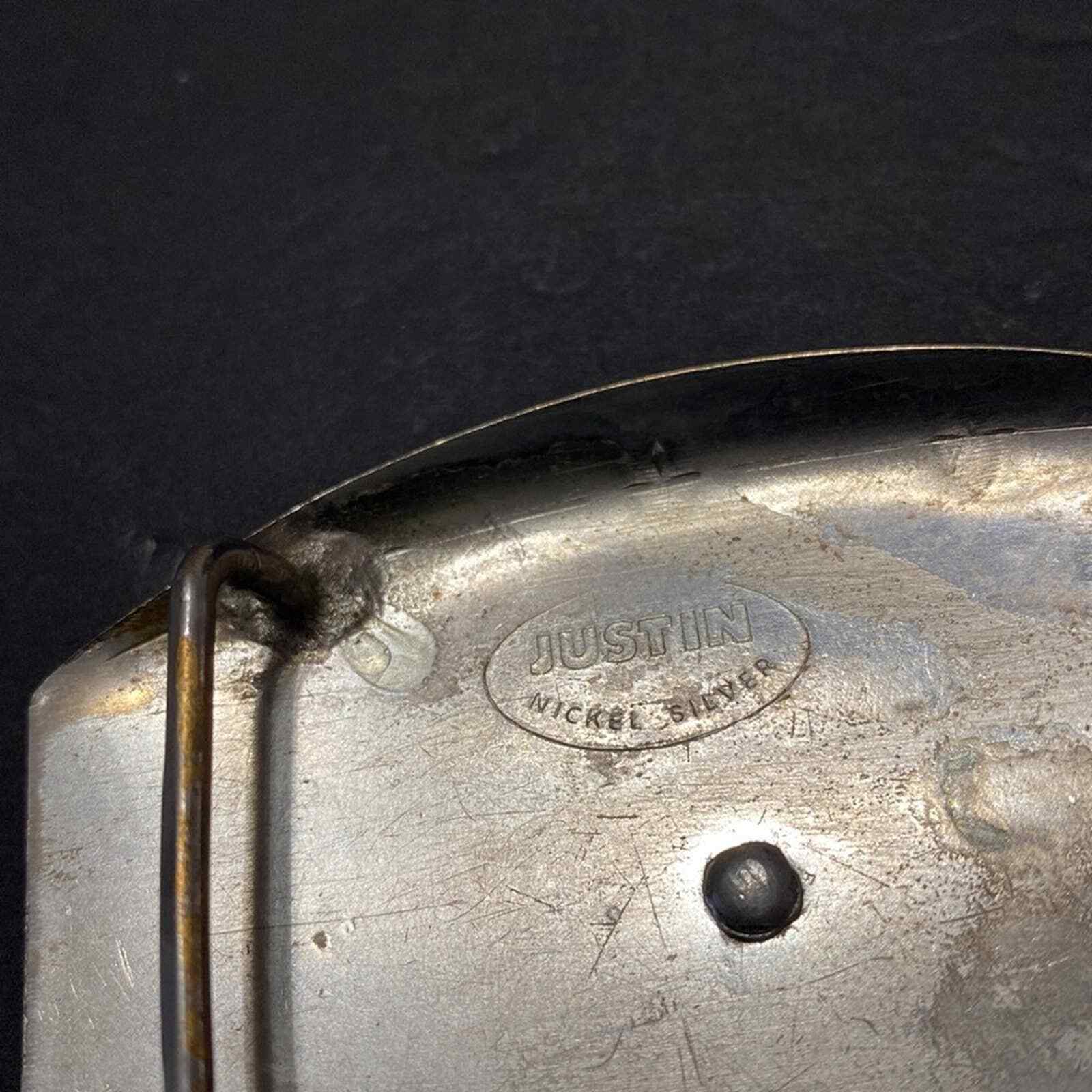 Vintage JUSTIN Nickel Silver Texas Longhorn Steer Cattle Bull Rodeo Belt Buckle