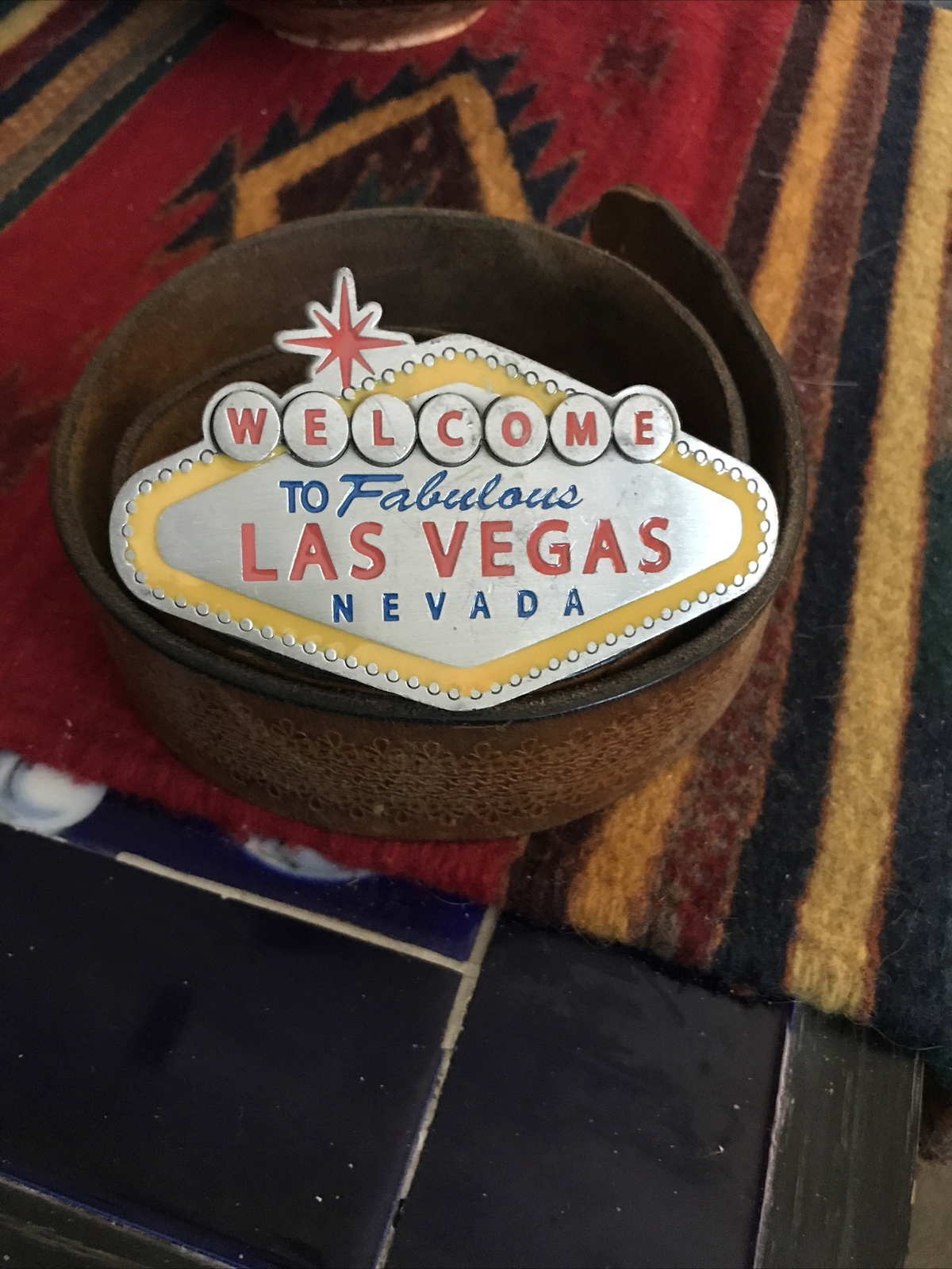 Welcome to Las Vegas Sign Pewter Metal Belt Buckle – 2003 35”leather Belt Too