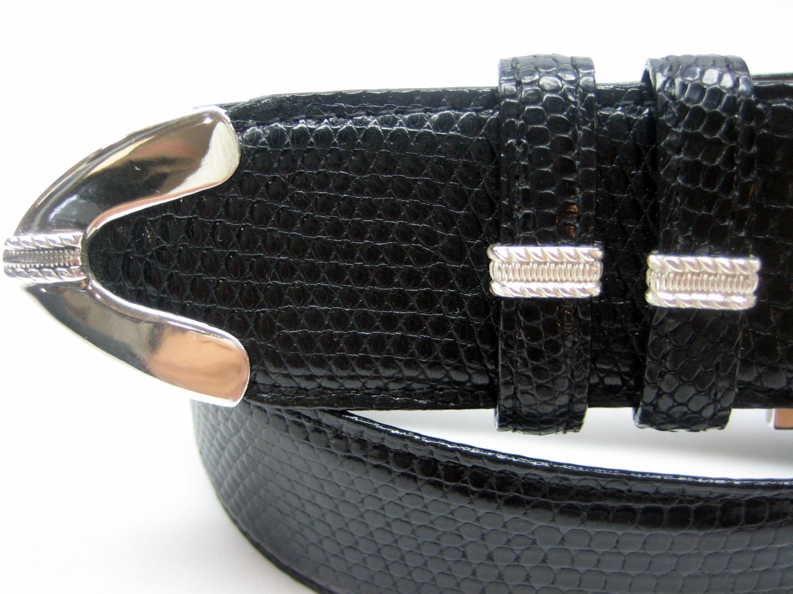 Sterling Silver 925 buckle 2 loops & tip set w Lizard 1-1/2&Prime; belt size 26 to 46
