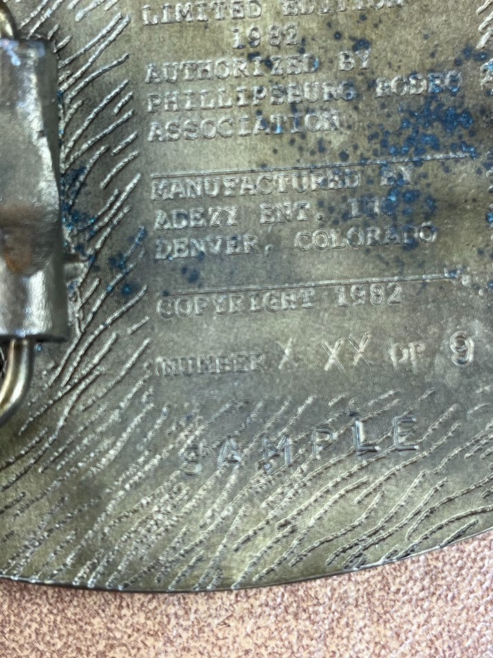 1982 Kansas&rsquo; Biggest Rodeo Phillipsburg Kansas Brass Belt Buckle Sample