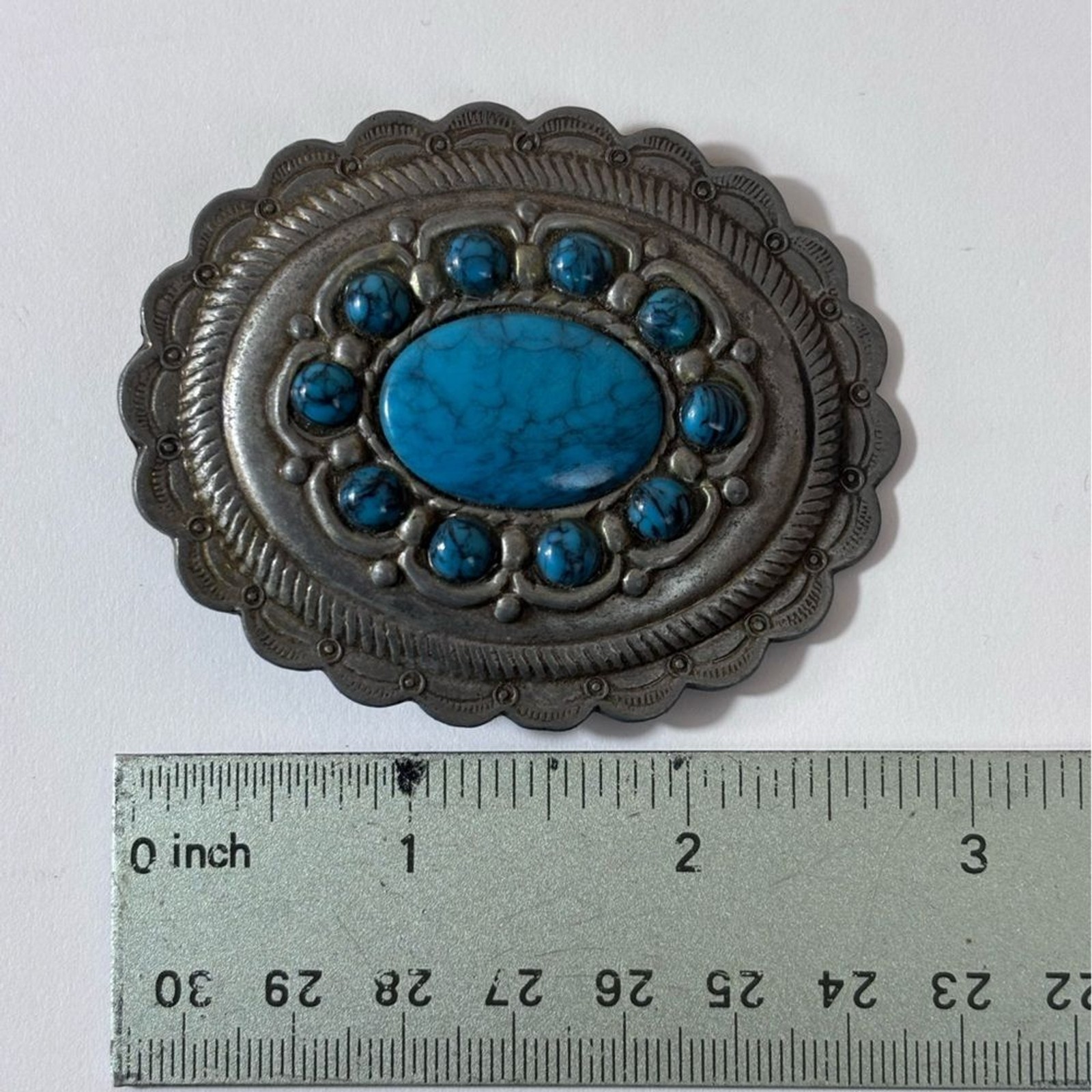 Vintage Belt Buckle Faux Turquoise Western Southwestern Boho Silver Metal Oval