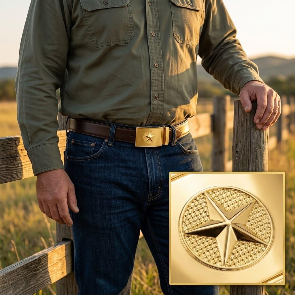 Men&rsquo;s Full-Grain Leather Ratchet Belt Brown with Military Star 28&Prime;–44&Prime;,