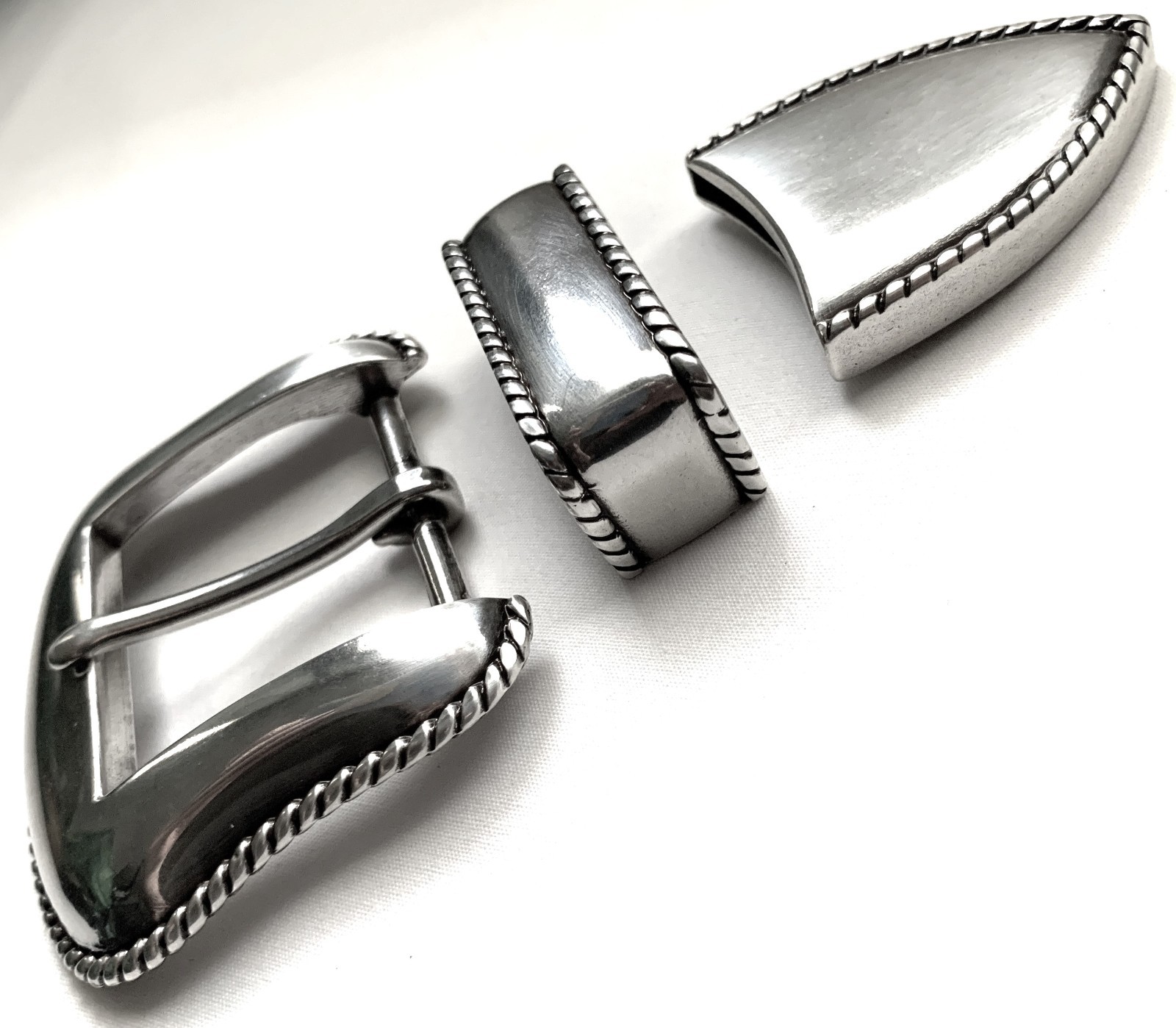 BELT BUCKLES 3pc Buckle Set 1.5 inch Western Rope Edge Smooth Shiny Silver NWOT!