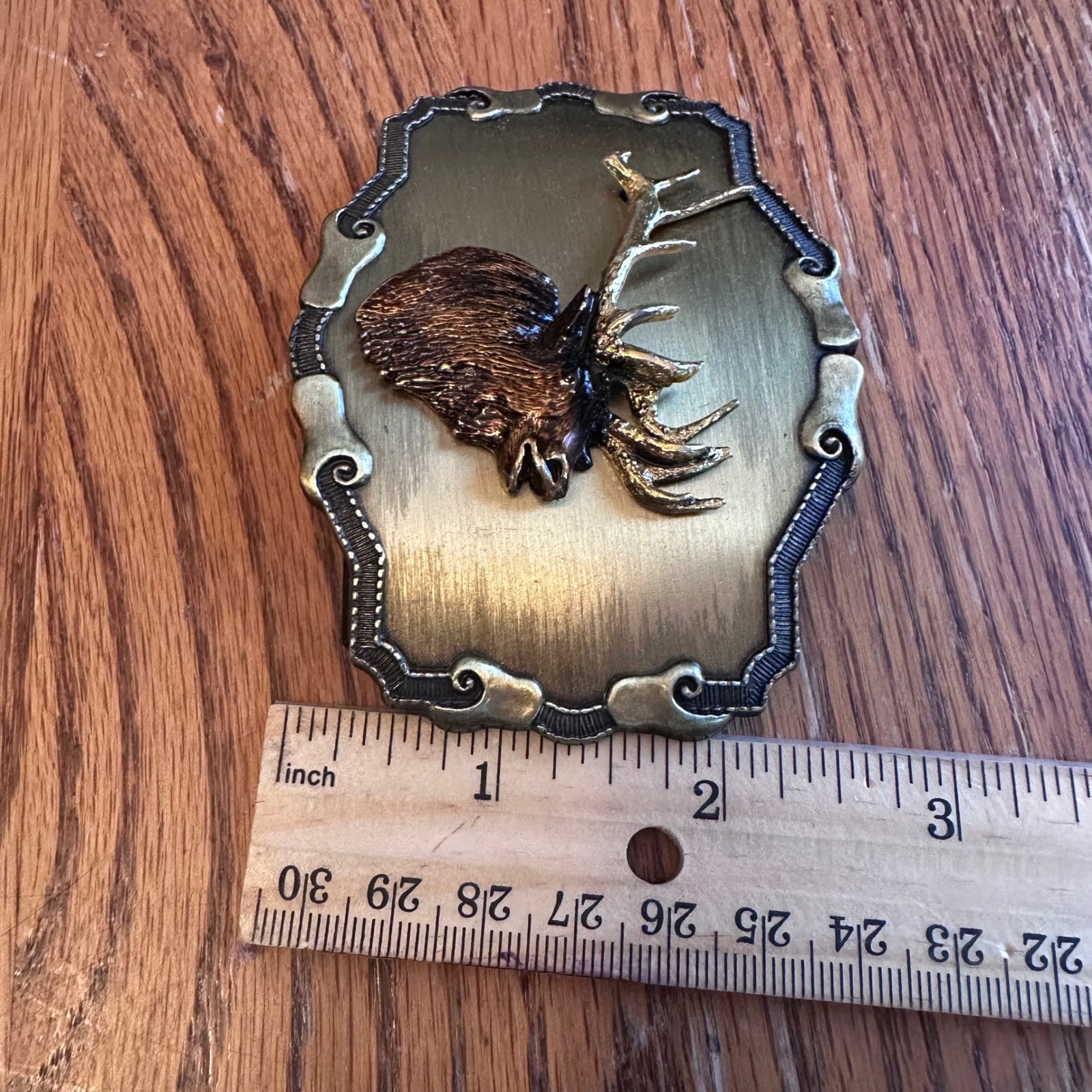 Raintree Belt Buckle Mens Gold Vintage 1977 1978 Elk Deer Moose 3D Relief Rustic