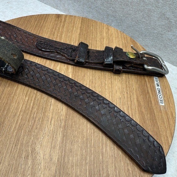 Distressed Leather Woven Embossed Belt Silver Buckle Brown Well Worn Size 50