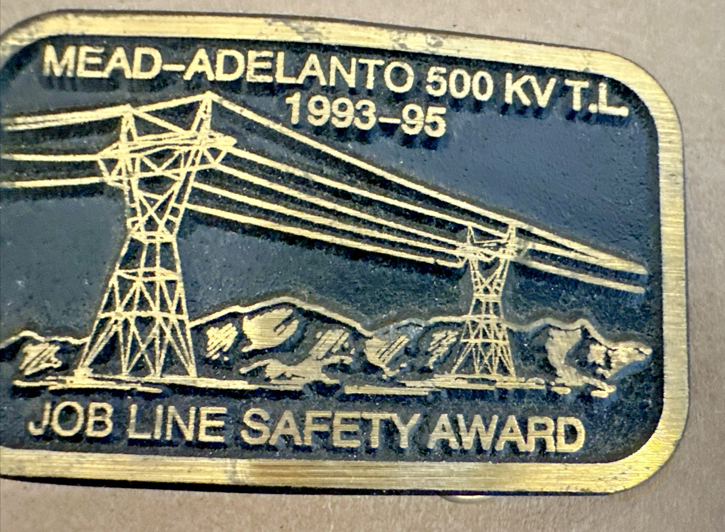 Vtg Solid Brass Belt Buckle Mead-Adelanto 500 KV T.L. Job Line Construction Dyna