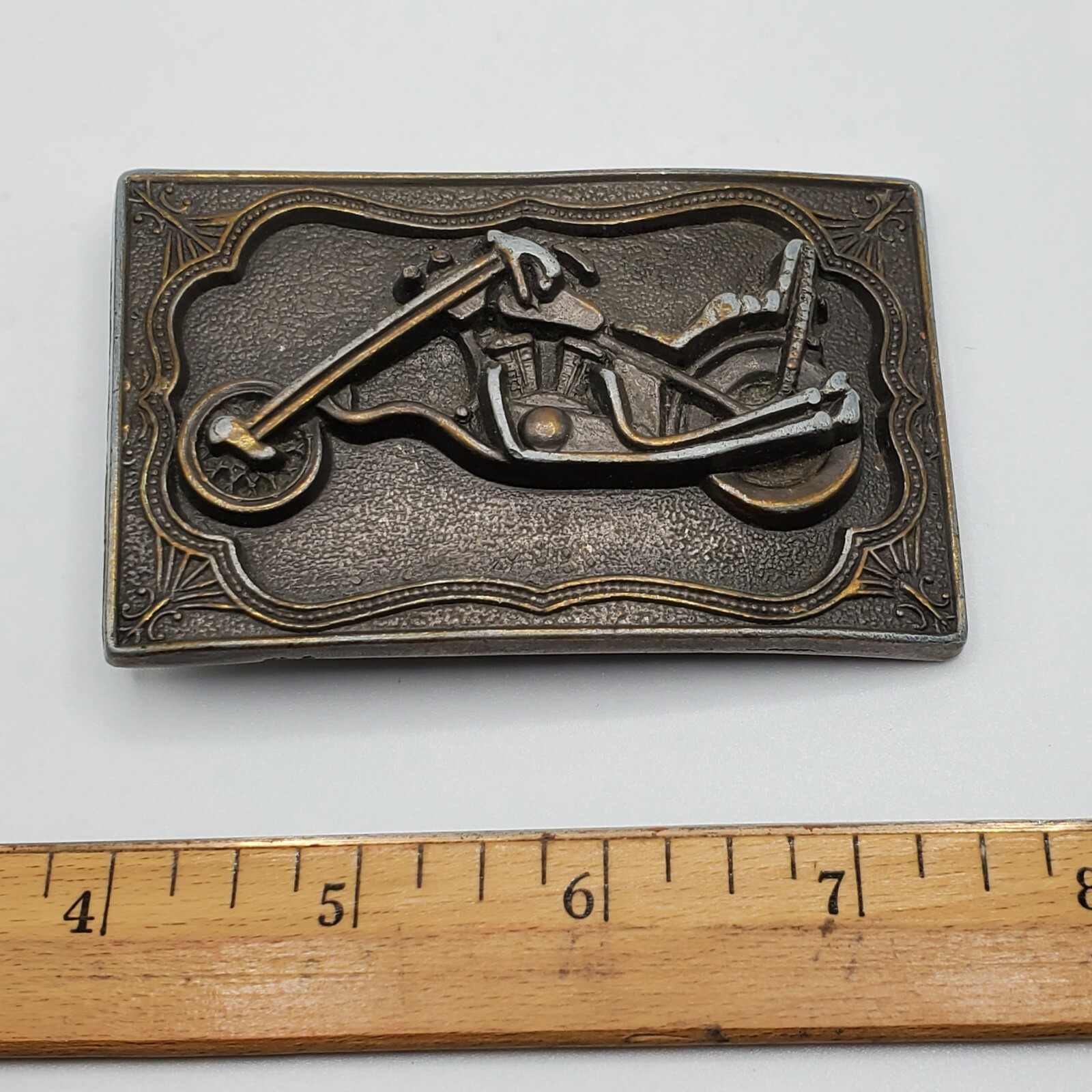 Brass Belt Buckle Motorcycle Biker Harley western rectangular 3&Prime; vintage dark