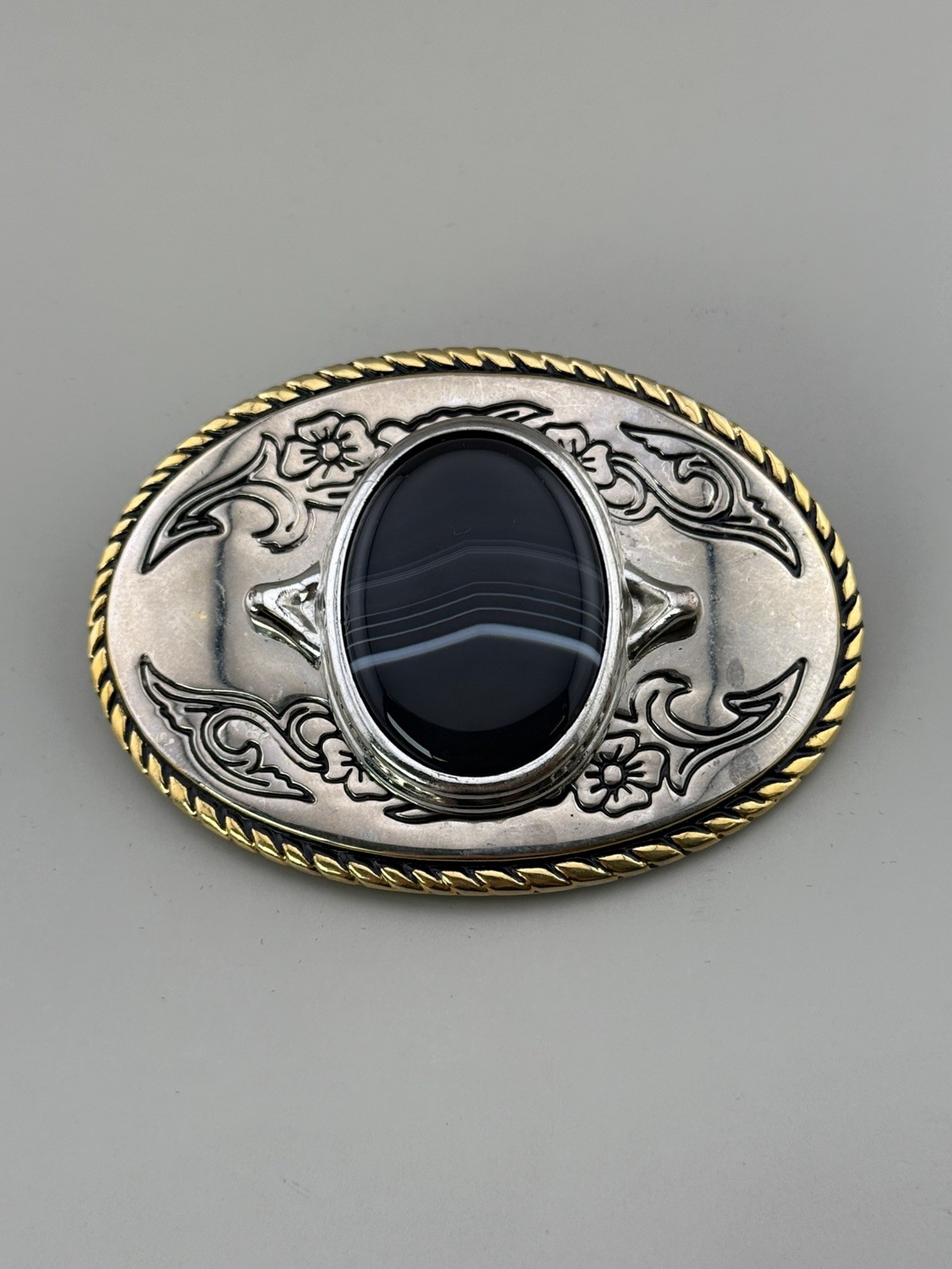 Black Banded Agate Western Belt Buckle Gold Rope Trim Floral Scroll