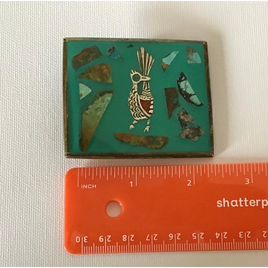 Vintage Solid Brass Roadrunner Turquoise Chip Inlay Southwest Belt Buckle Cowboy