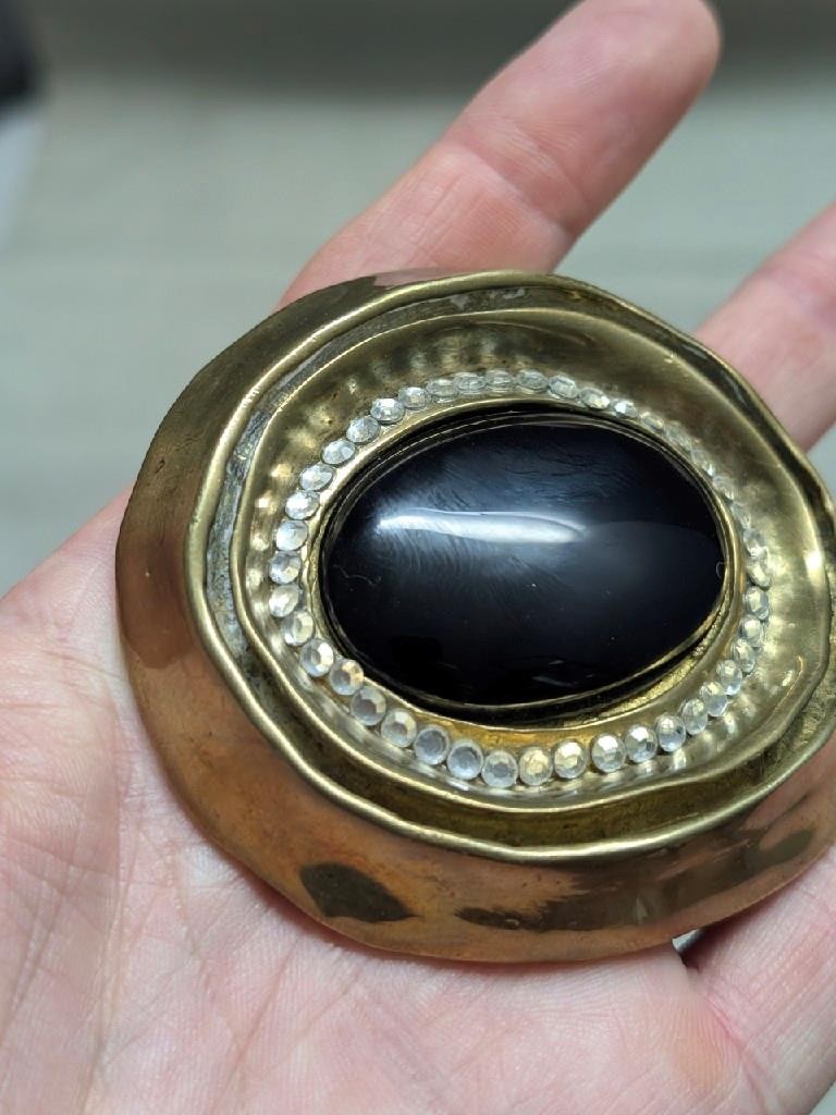 vintage HANDCRAFTED belt buckle ONYX gemstone SIGNED bronze brass BRUTALIST glam