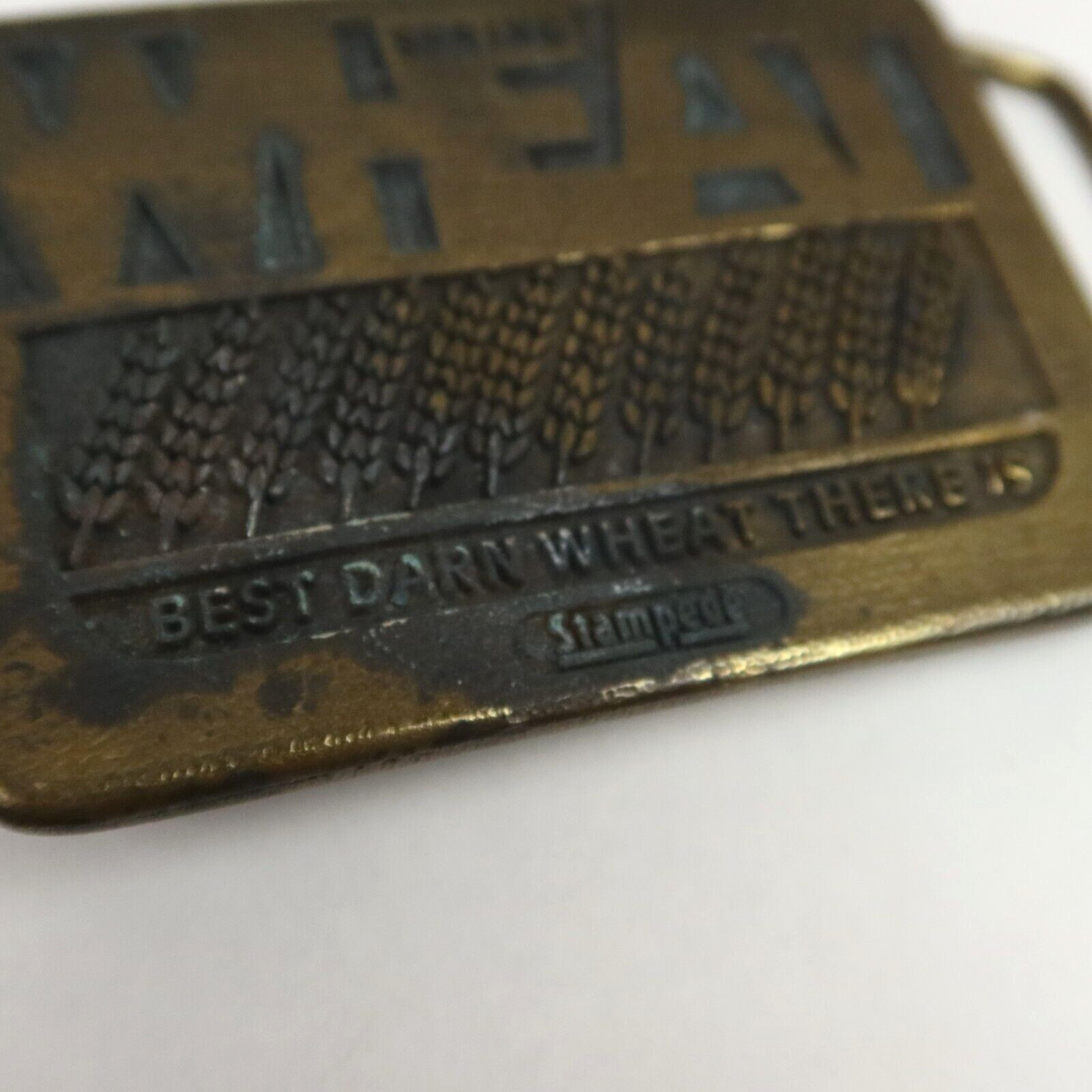 Vintage Stampede Spring Wheat Belt Buckle Farmer 70s Koleaco Rohm Haas Seed USA