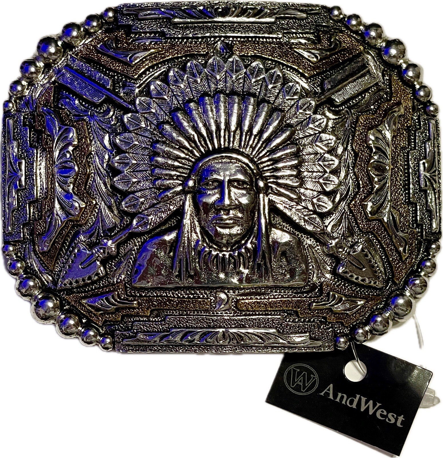 AndWest Western Style Belt Buckle Native American Design Silver Gold Finish NEW