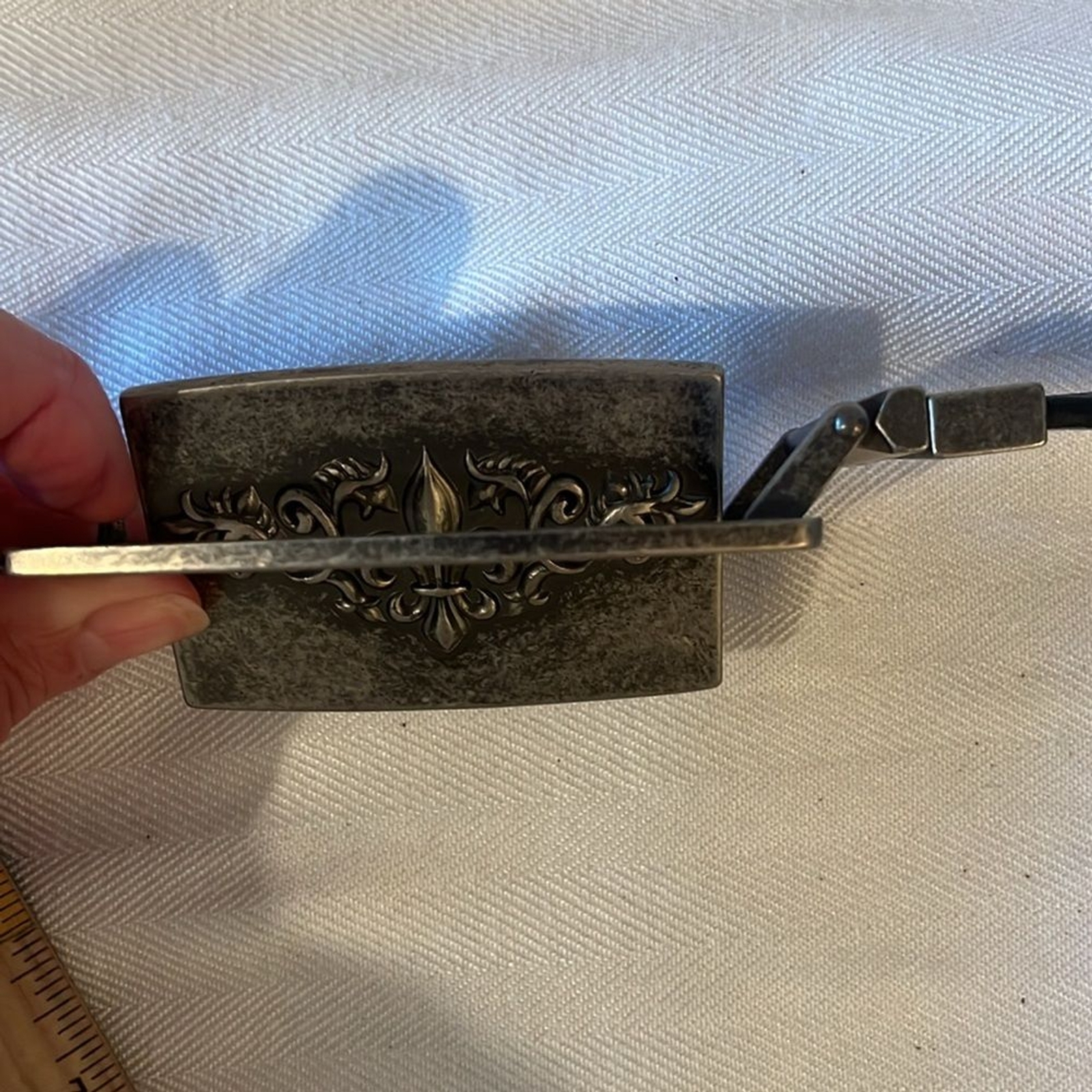 Fleur de Lis reversible pewter type belt buckle. Monogram M on the reverse side