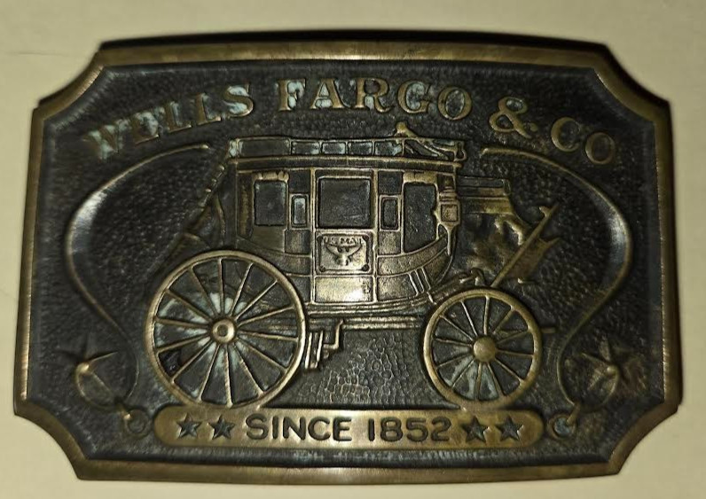 Vintage 1973 Brass Wells Fargo & Co. Belt Buckle W F 295 3.5&Prime; x 2.5&Prime;