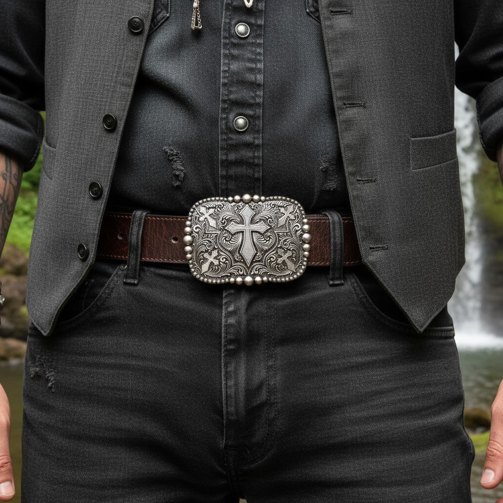 Men Women Belt Buckle Antique Silver Metal Western Cross Religious Country Style