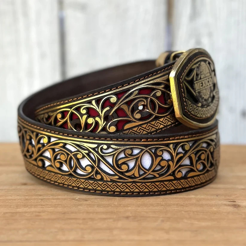 Genuine Laser Cut Leather Mexico Western Belt with Removable Buckle – Gold