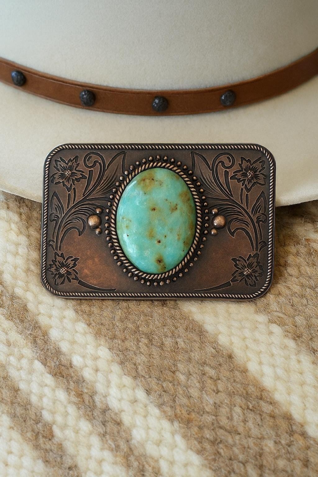 Copper Turquoise Western Belt Buckle Engraved Bronze Flower Cowboy Style