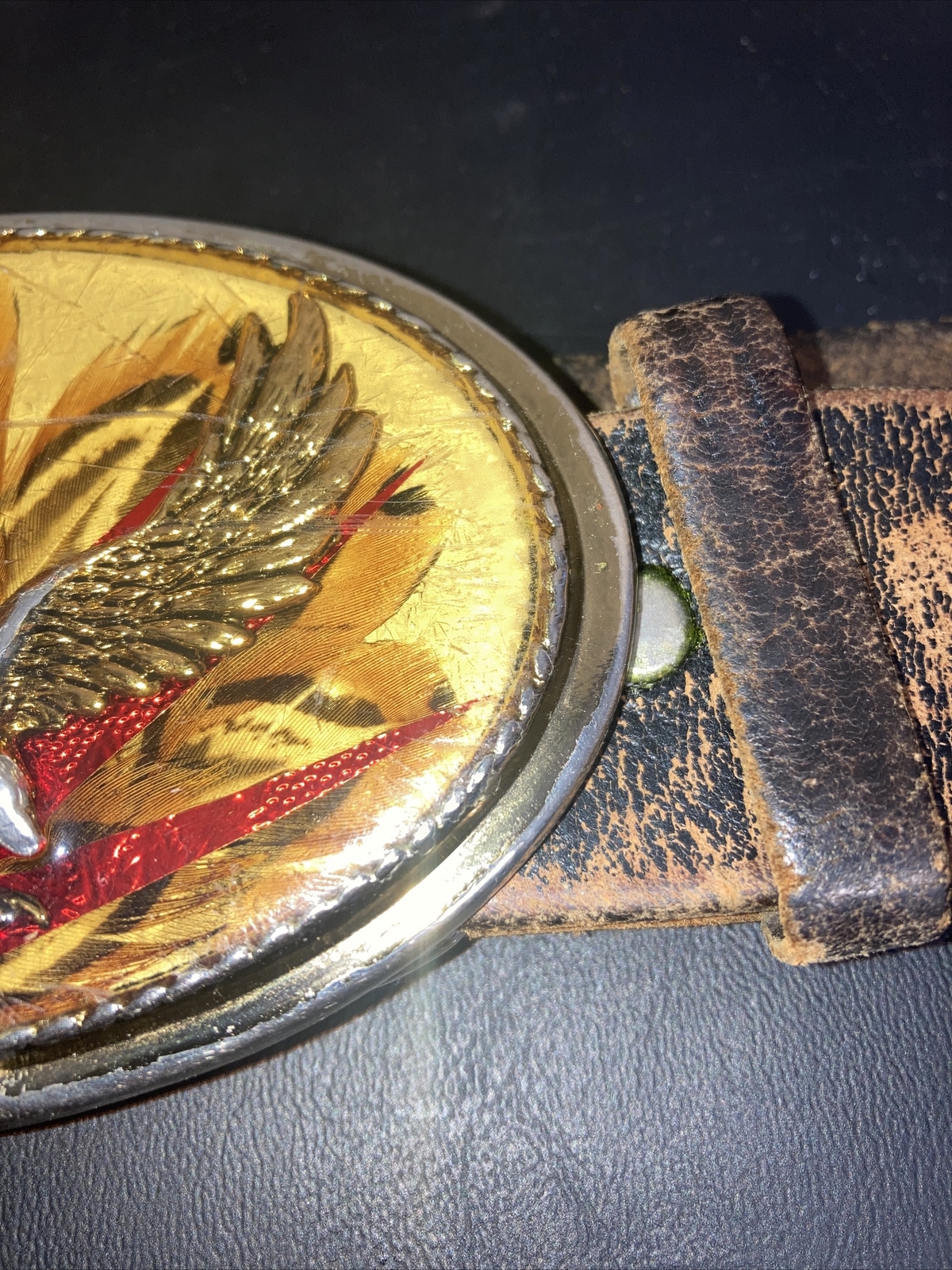 Vintage Belt Buckle Eagle Feathers Gold Resin with belt size 32
