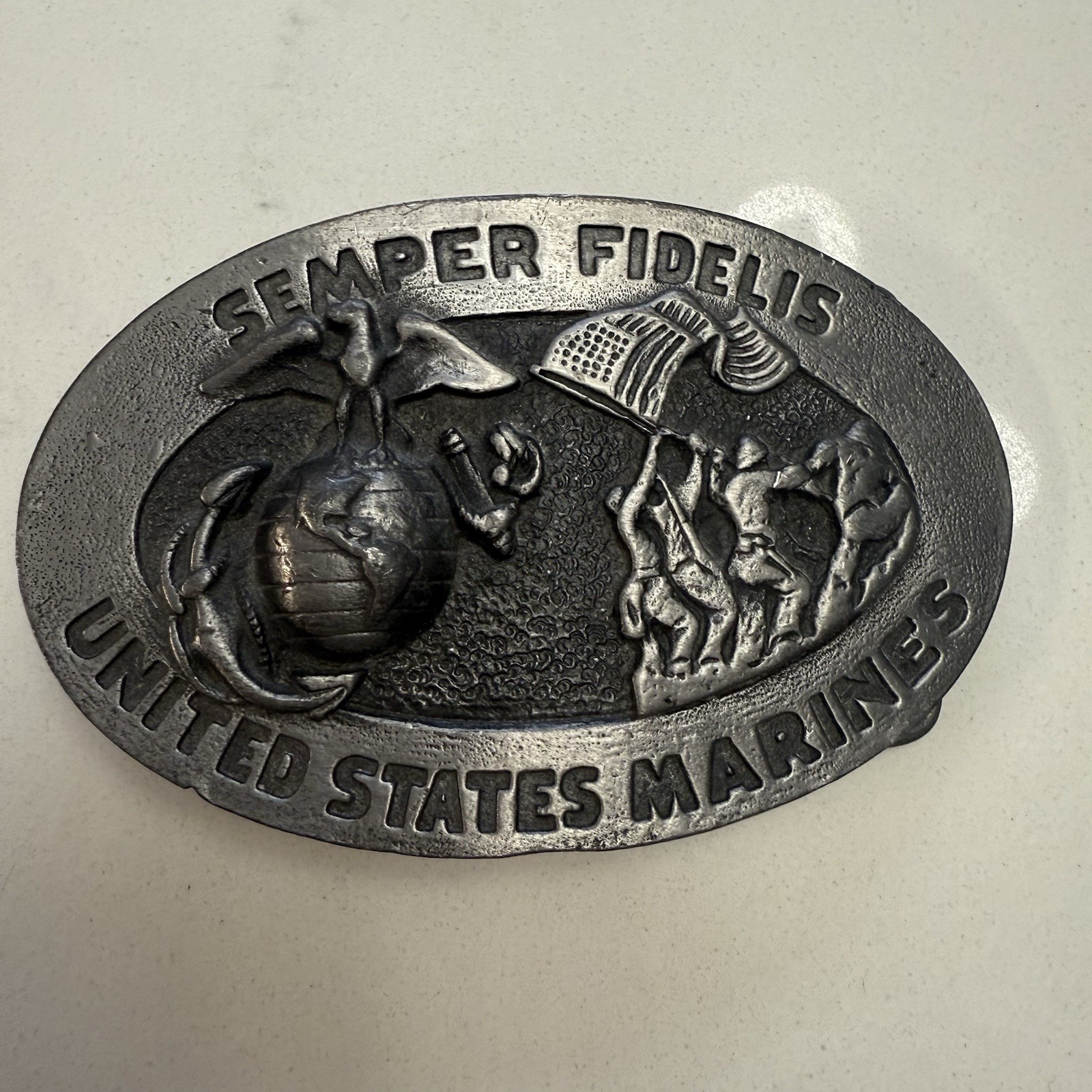 Vintage Metal Belt Buckle: United States Marines Semper Fidelis Eagle Globe Flag