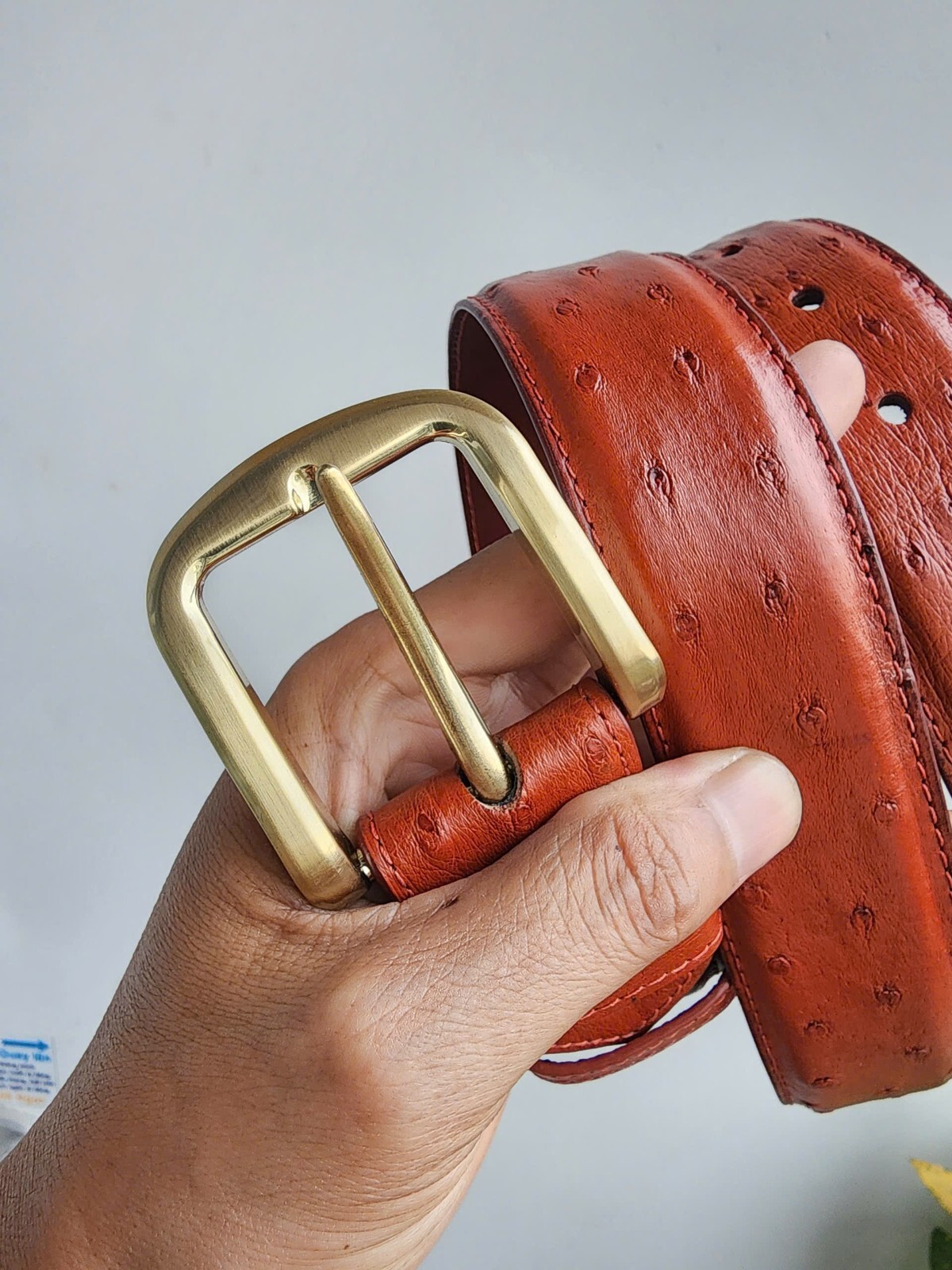 3.8CM Brown 100% Genuine Body Ostrich Leather Skin Men Belt Buckle- Handmade
